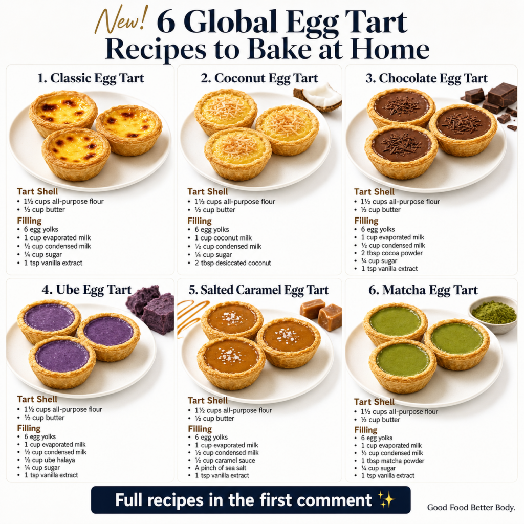 A top-down collage image showing six different types of egg tarts Classic Coconut Chocolate Ube Salted Caramel and Match