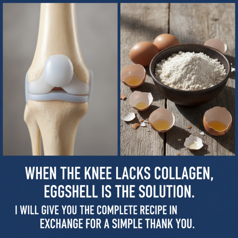 A diptych showing a human knee joint model on one side and a bowl of eggshell powder with whole and broken eggs on a rus