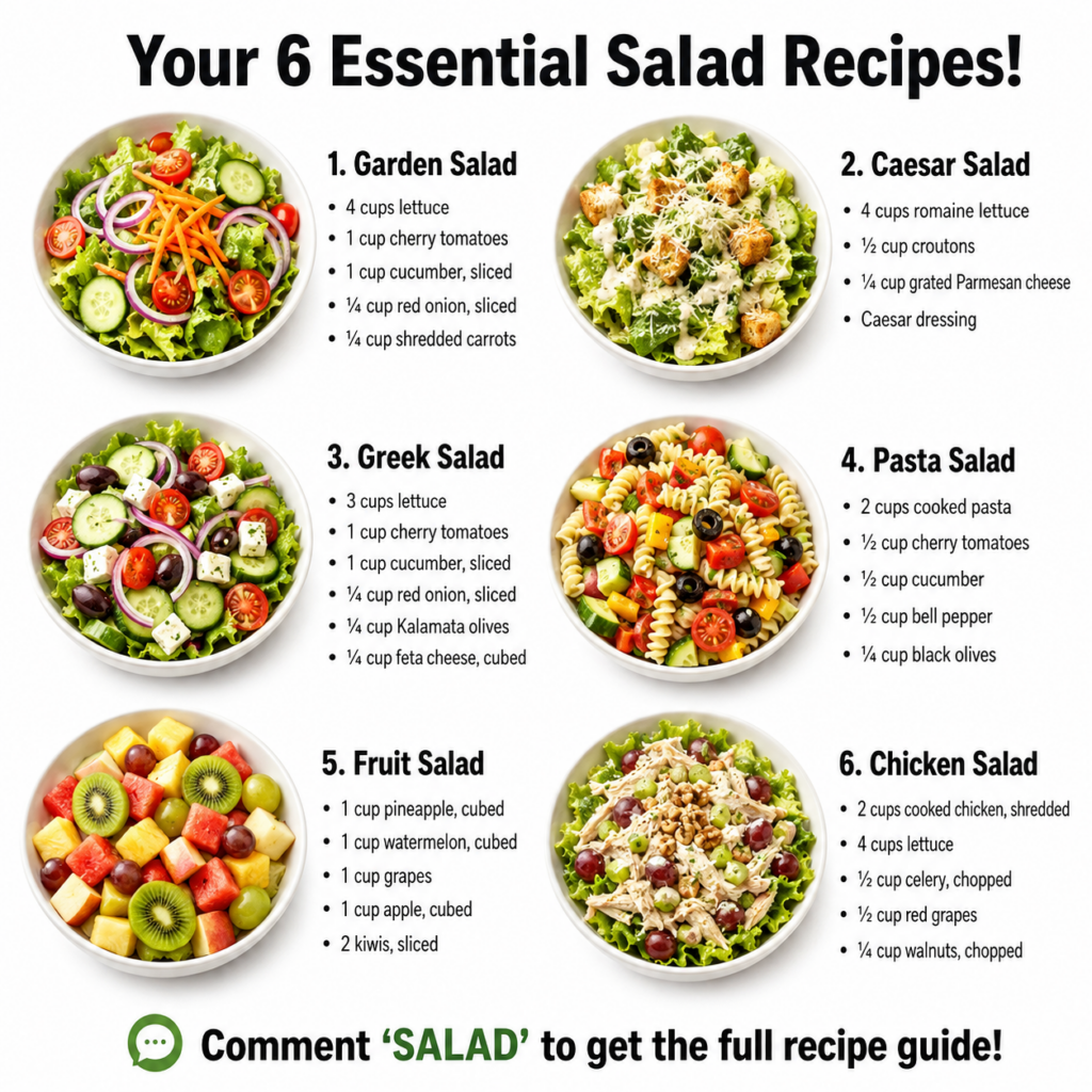 An infographic titled Your 6 Essential Salad Recipes showing six different salads in white bowls with bulleted ingredien