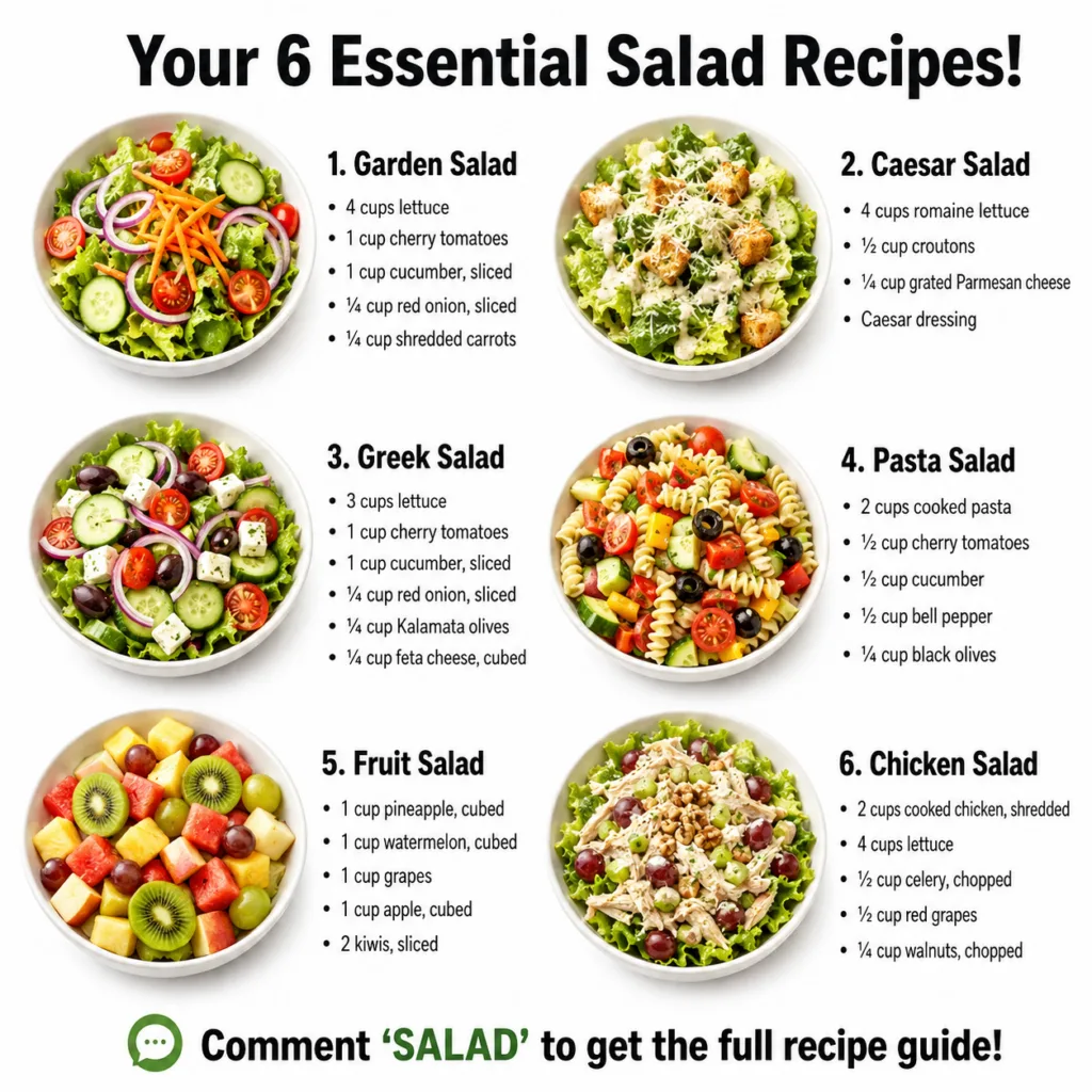 An infographic titled Your 6 Essential Salad Recipes showing six different salads in white bowls with bulleted ingredien