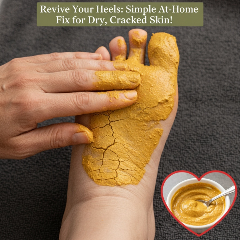 A close-up of a person s hand applying a thick yellowish-orange natural paste onto the dry cracked heel and arch of a fo