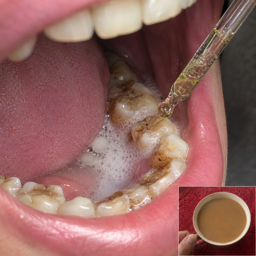 Close-up shot inside a human mouth with heavily stained lower teeth a dropper applying a clear yellowish liquid and an i