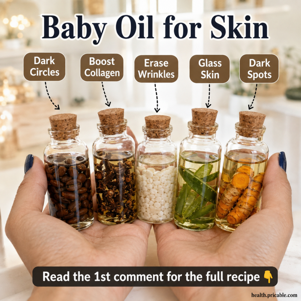 A pair of hands gently holding five small corked glass bottles each containing baby oil infused with natural ingredients