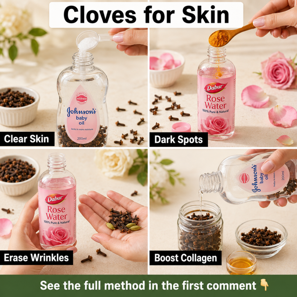 A four-panel grid illustrating DIY clove skincare remedies for clear skin dark spots wrinkles and collagen boost Hands a