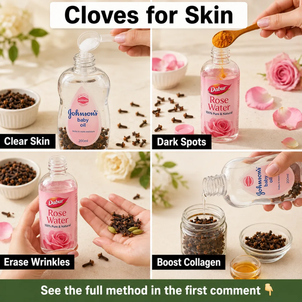 A vertical collage demonstrating various clove skincare applications including hands mixing clove powder with liquids ap