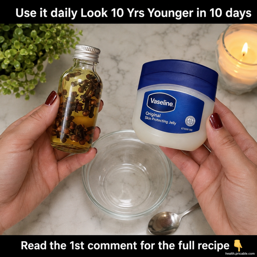 A flat lay showing a jar of Vaseline a small bottle of yellowish oil with cloves a mixing bowl and a spoon on a marble s