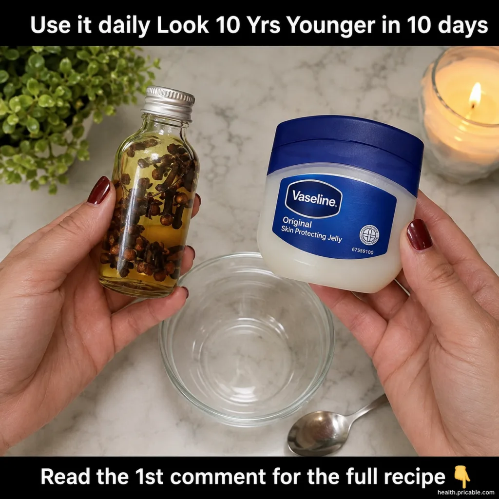A flat lay showing a jar of Vaseline a small bottle of yellowish oil with cloves a mixing bowl and a spoon on a marble s