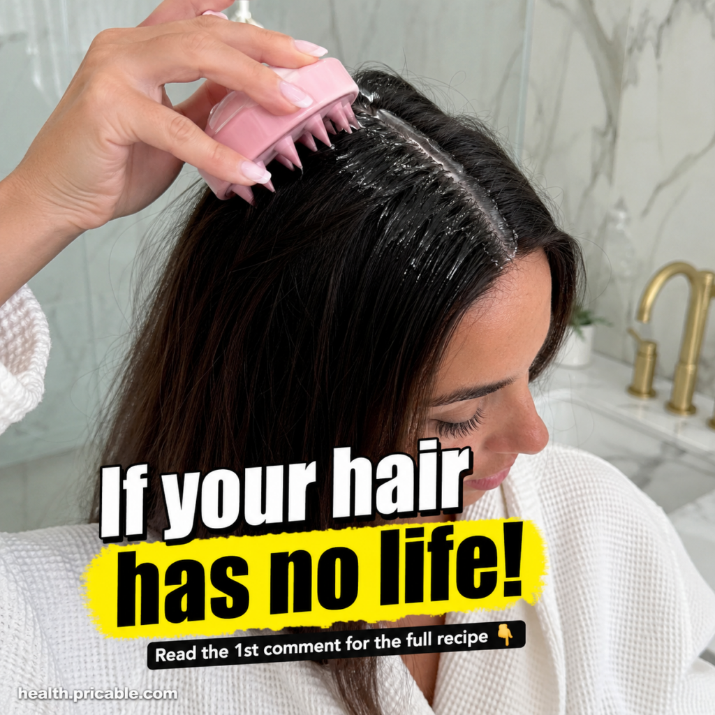 A person applying a clear viscous hair product to their scalp using a pink silicone scalp massager seen from the side wi