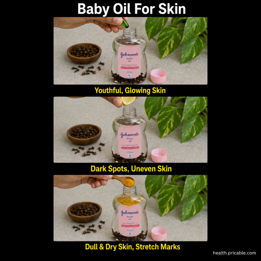 A clear bottle of Johnson s Baby Oil surrounded by natural ingredients like a Vitamin E capsule lemon slices and a small