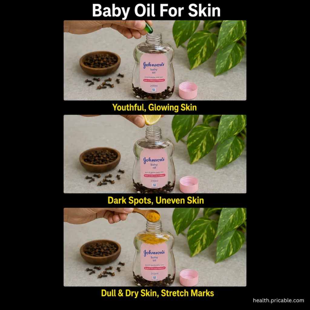 A clear bottle of Johnson s Baby Oil surrounded by natural ingredients like a Vitamin E capsule lemon slices and a small