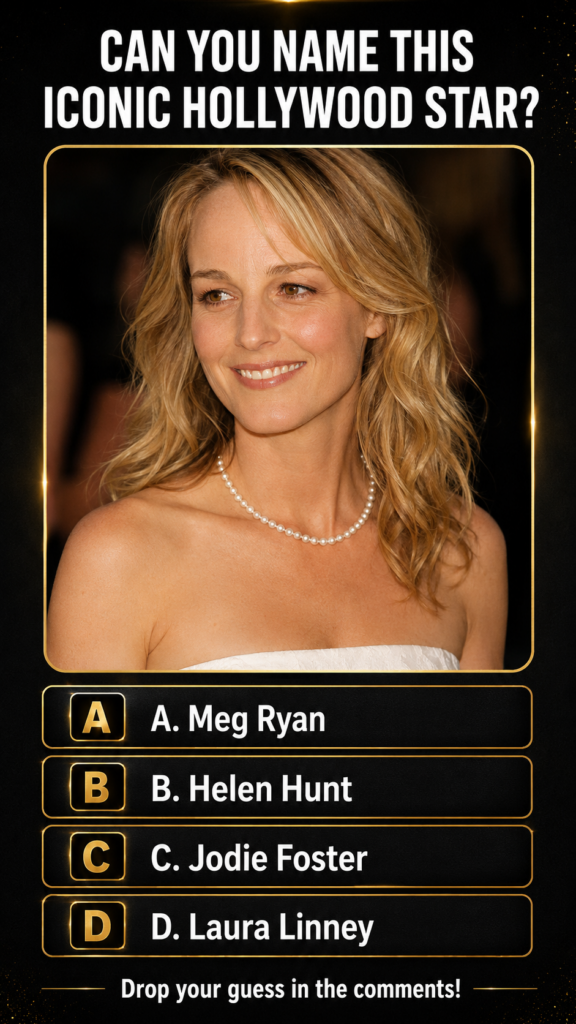 A quiz graphic featuring a central portrait of actress Helen Hunt smiling softly with blonde wavy hair wearing a pearl n