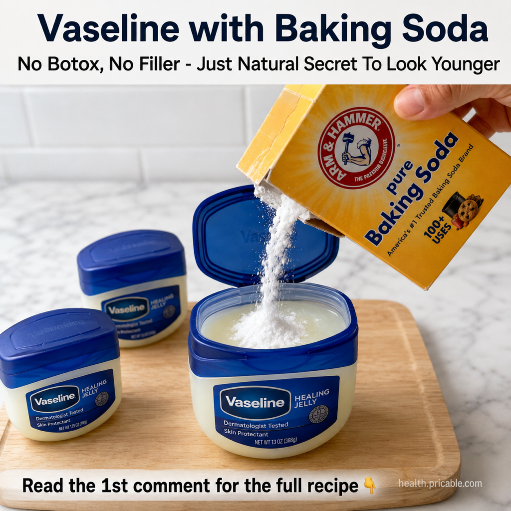 A hand mixing Vaseline and baking soda in a small bowl to create a paste with the original Vaseline tub and baking soda 