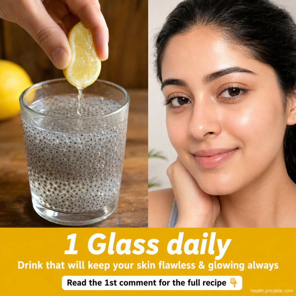 A hand squeezing fresh lemon into a glass of water with soaked chia seeds on a wooden surface with a bright glowing-skin