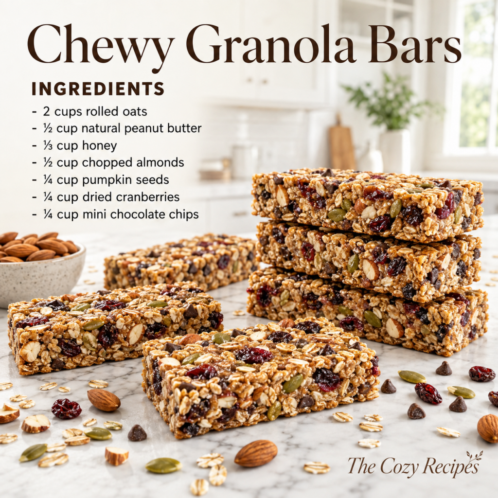 A stack of homemade chewy granola bars on a white marble surface rich with rolled oats chopped almonds pumpkin seeds dri