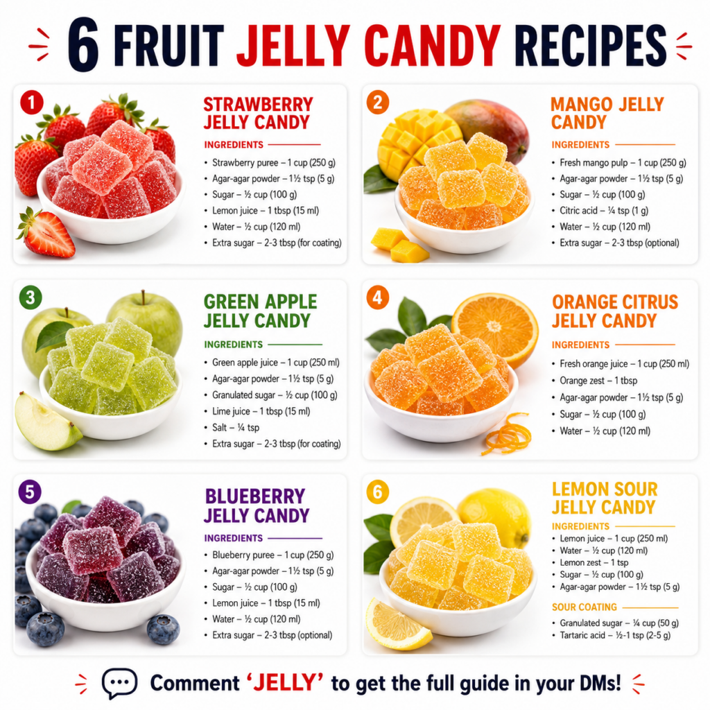 An overhead shot of six different fruit jelly candies each in a small white bowl alongside their respective fresh fruits