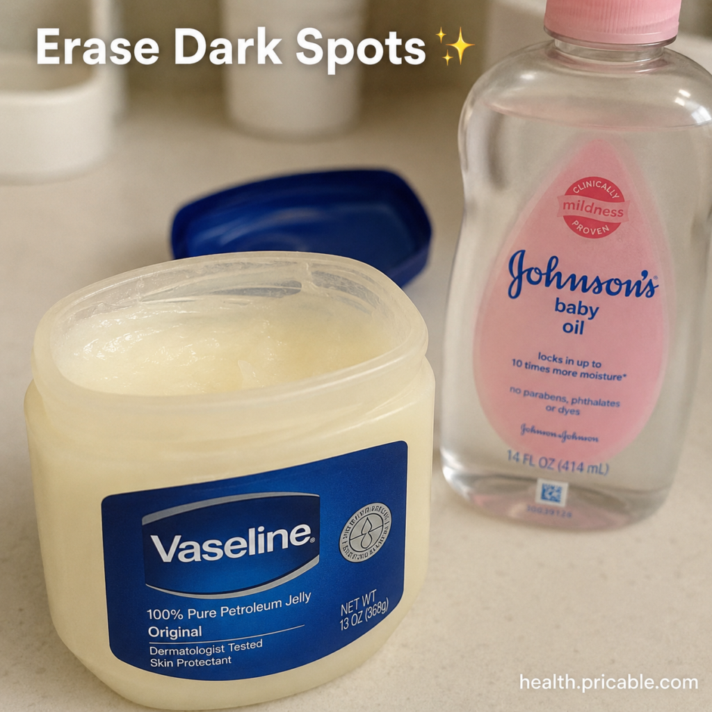 Two bottles Vaseline Petroleum Jelly and Johnson s Baby Oil on a light background highlighting their use in a homemade b