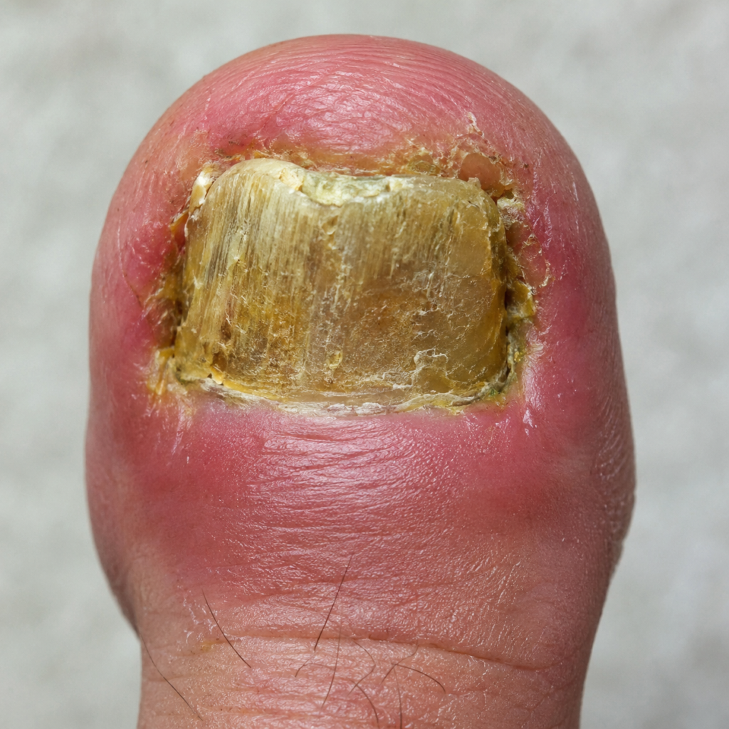 An extreme close-up macro shot of a human big toe severely affected by nail fungus showing discoloration thickening and 