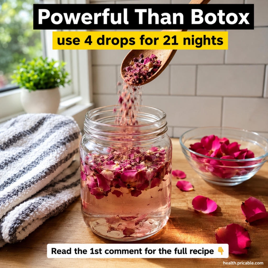 A glass jar filled with light pink rosewater and dried rose petals with a wooden spoon adding more petals Fresh rose pet