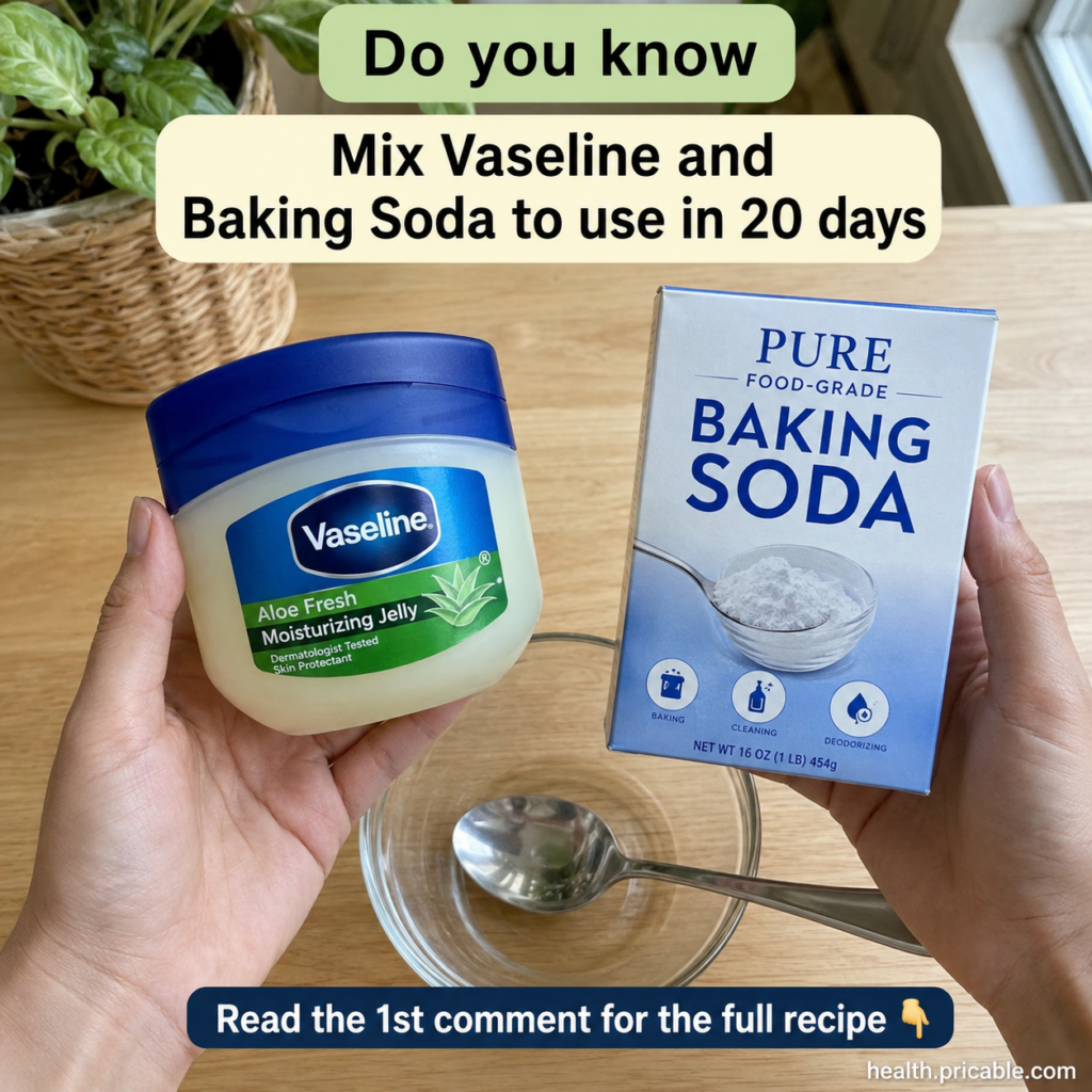 A flat-lay image showing a jar of Vaseline Aloe Fresh Moisturizing Jelly and a box of Pure Food-Grade Baking Soda Hands 