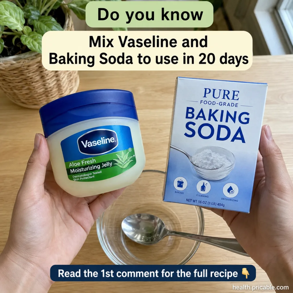 A flat-lay image showing a jar of Vaseline Aloe Fresh Moisturizing Jelly and a box of Pure Food-Grade Baking Soda Hands 
