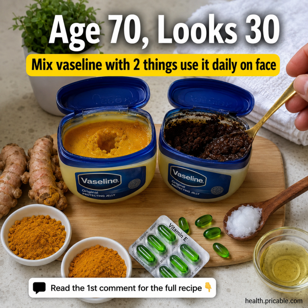 A flat lay of beauty ingredients including jars of Vaseline mixed with turmeric and coffee fresh turmeric roots turmeric