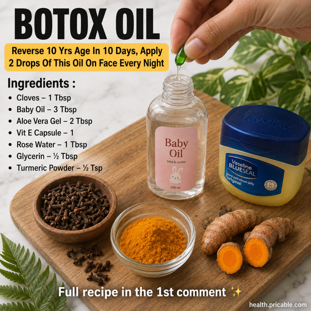 A flat lay of ingredients for a Botox Oil recipe a bottle of baby oil a jar of Vaseline a bowl of cloves turmeric powder