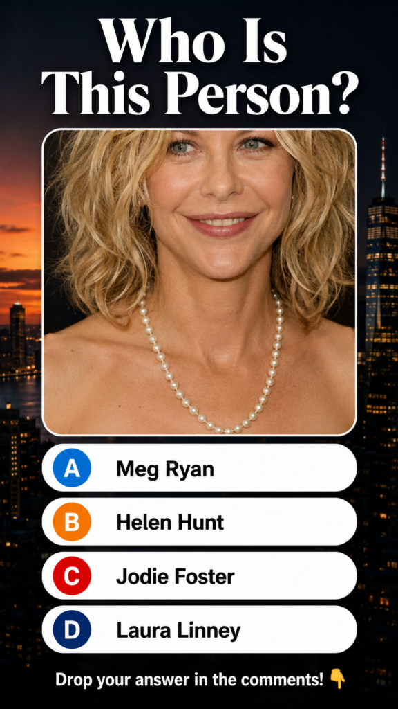 A smiling blonde woman with blue eyes wearing a simple pearl necklace against a split sunset and night cityscape backgro