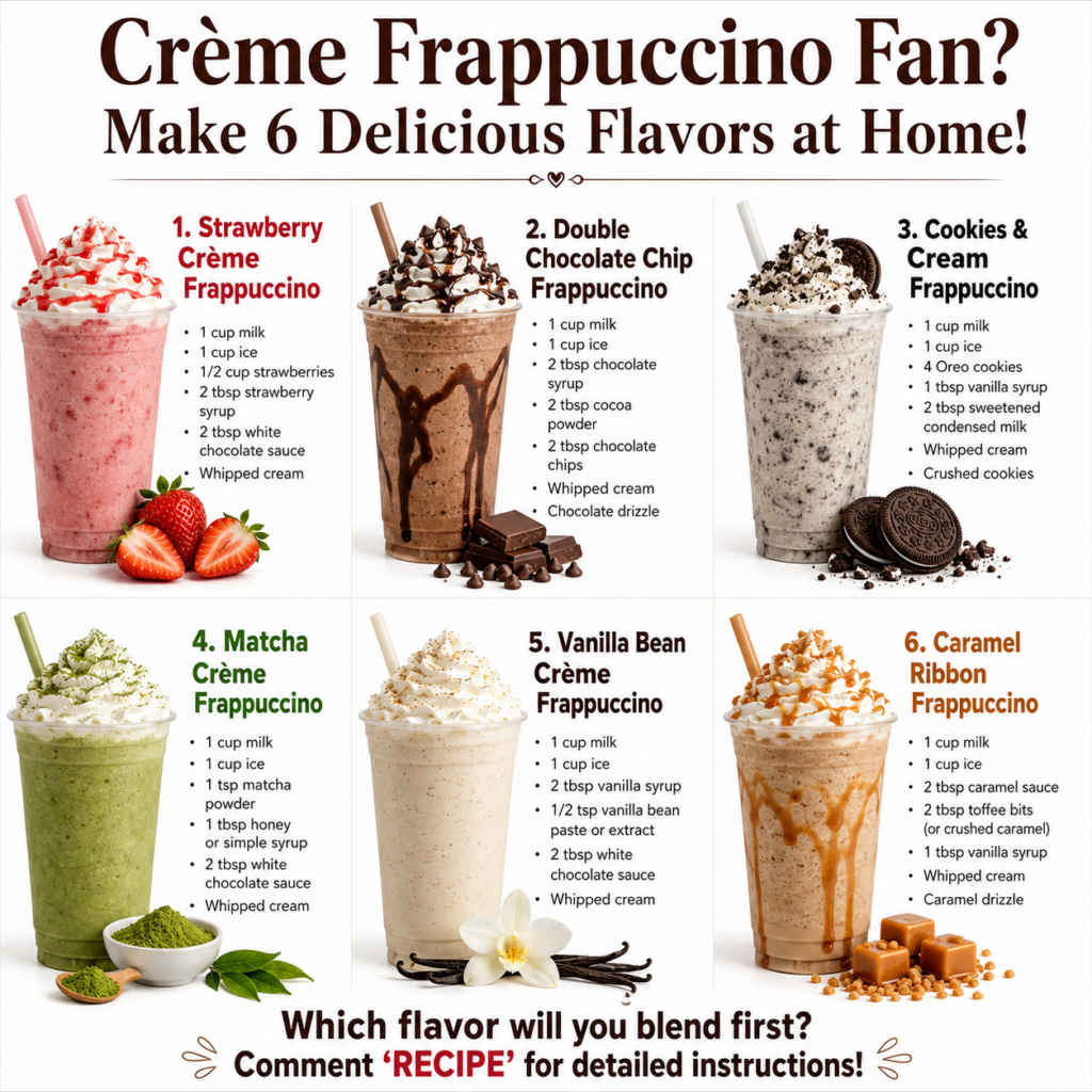 An overhead shot of six different homemade Frappuccino drinks arranged in clear cups each with whipped cream and appropr