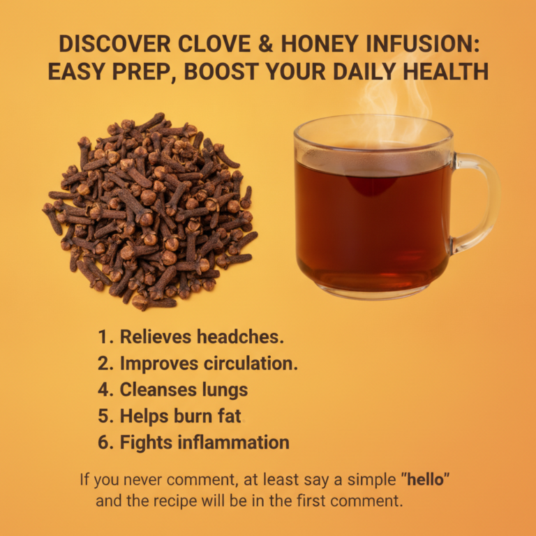 A steaming glass mug of reddish-brown clove and honey infusion next to a pile of dried cloves all against a warm orange 