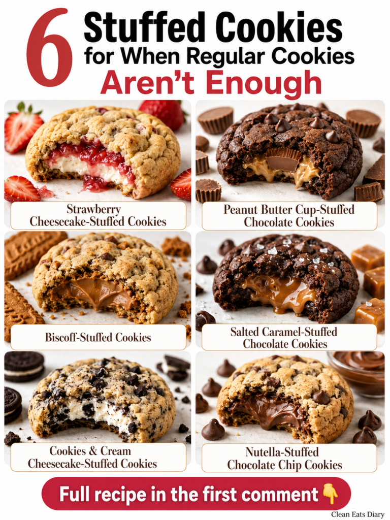 A vibrant collage showcasing six different types of decadent stuffed cookies Each cookie has a bite taken out to reveal 