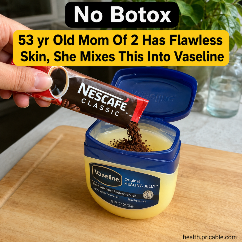 A hand pouring instant coffee granules from a packet into an open jar of Vaseline Original Healing Jelly illustrating th