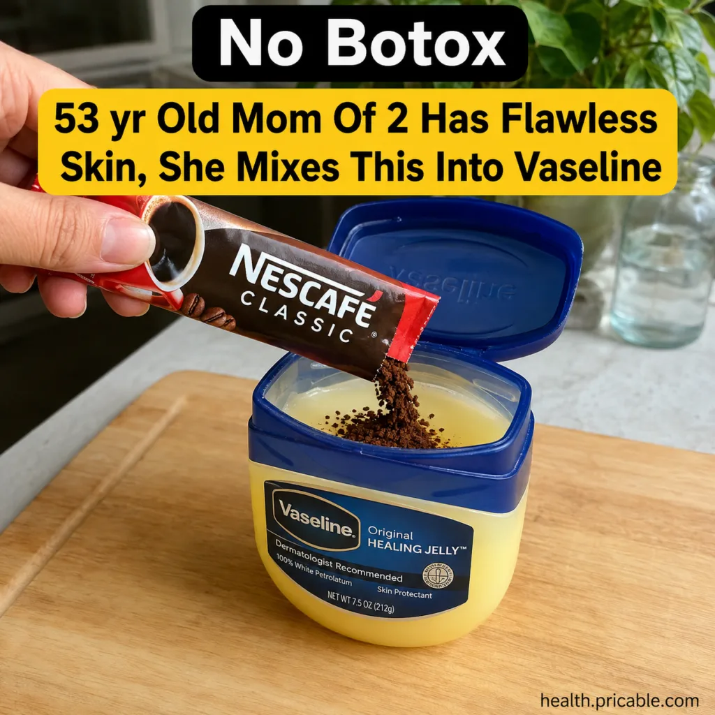 A hand pouring instant coffee granules from a packet into an open jar of Vaseline Original Healing Jelly illustrating th