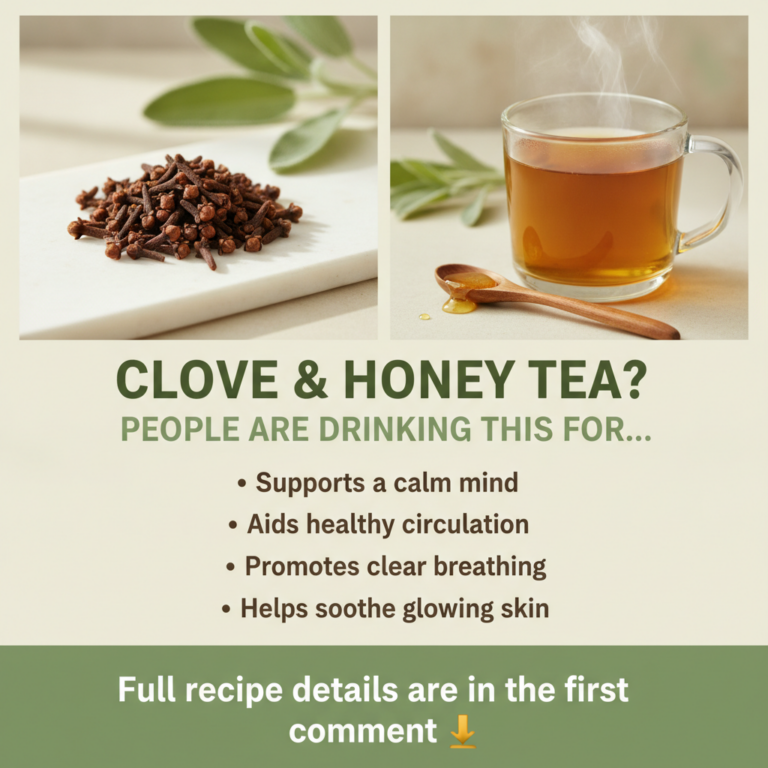 A split-panel graphic promoting Clove Honey Tea The left side shows dried cloves on a marble board and the right side fe
