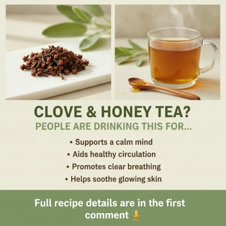 A split-panel graphic promoting Clove Honey Tea The left side shows dried cloves on a marble board and the right side fe