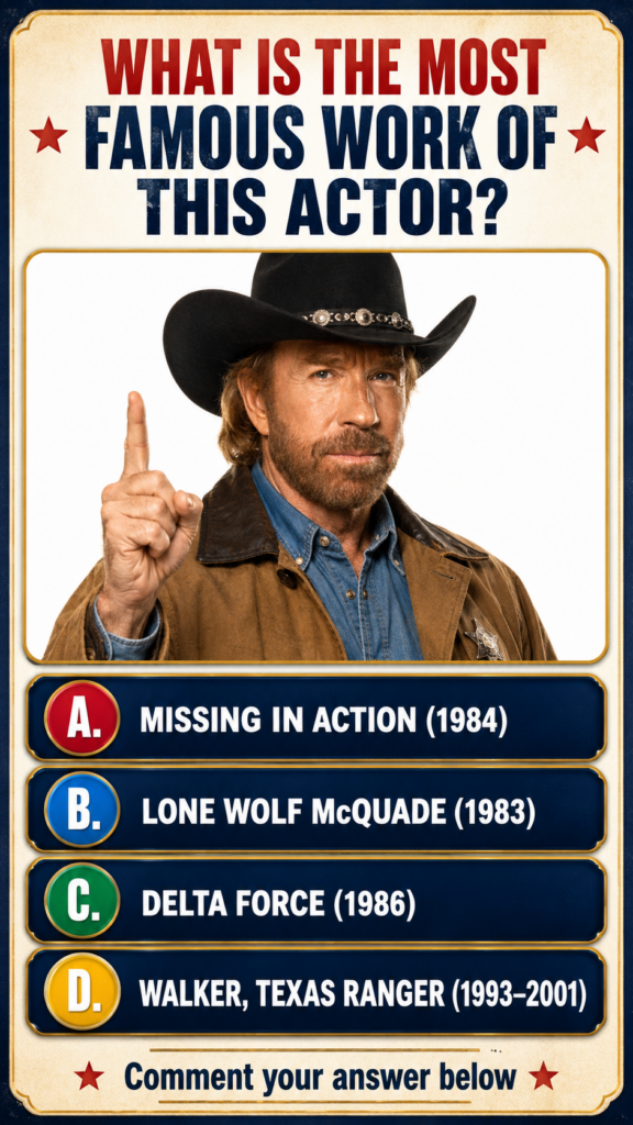Chuck Norris the action star in a black cowboy hat denim shirt and brown leather jacket with a sheriff s badge pointing 