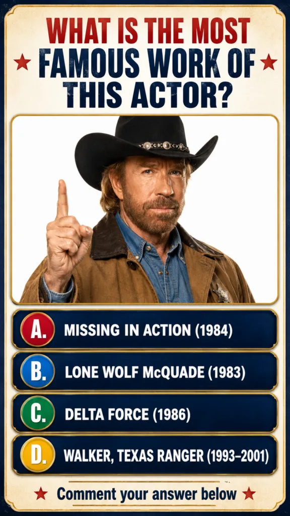 Chuck Norris the action star in a black cowboy hat denim shirt and brown leather jacket with a sheriff s badge pointing 