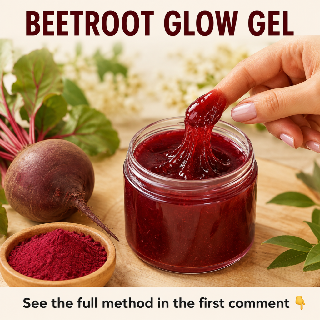 A close-up eye-level shot of a glass jar filled with vibrant deep red beetroot gel A female hand gently dips a finger in