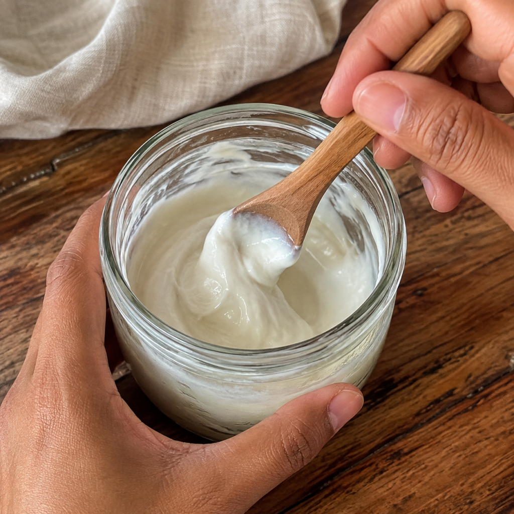 Hands mixing a white creamy substance in a clear glass jar with a wooden spoon on a rustic wooden surface with linen clo