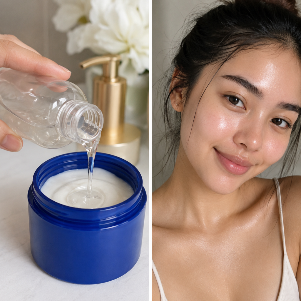 A two-panel image On the left a hand pouring a clear liquid into a jar of white cream On the right a young woman with ra