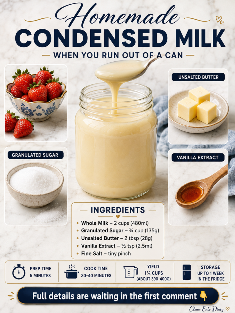 A glass jar filled with creamy pale yellow homemade sweetened condensed milk with a spoon dripping more milk into it on 