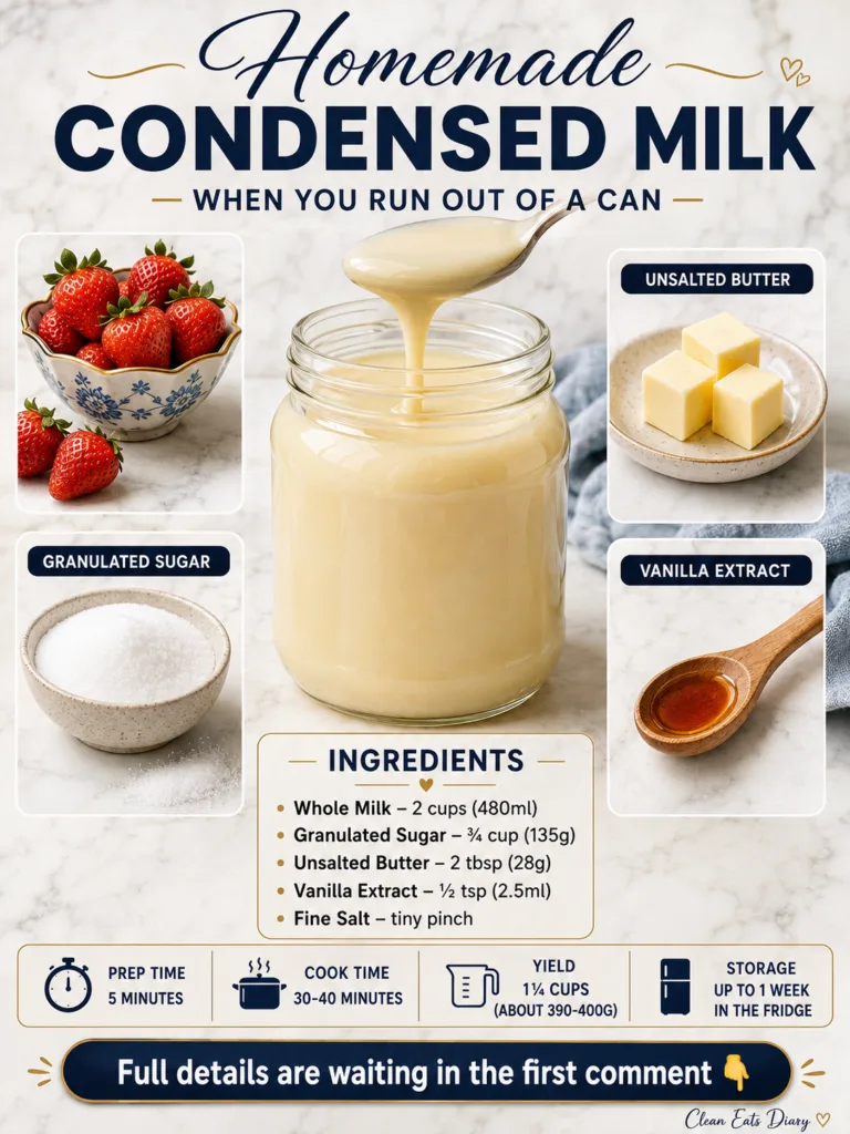 A glass jar filled with creamy pale yellow homemade sweetened condensed milk with a spoon dripping more milk into it on 