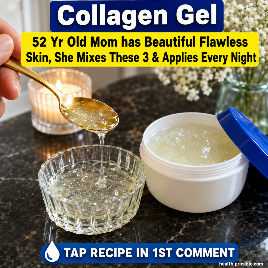 A hand holding a golden spoon drizzling a clear viscous pale yellow gel into a small ribbed glass bowl An open white jar