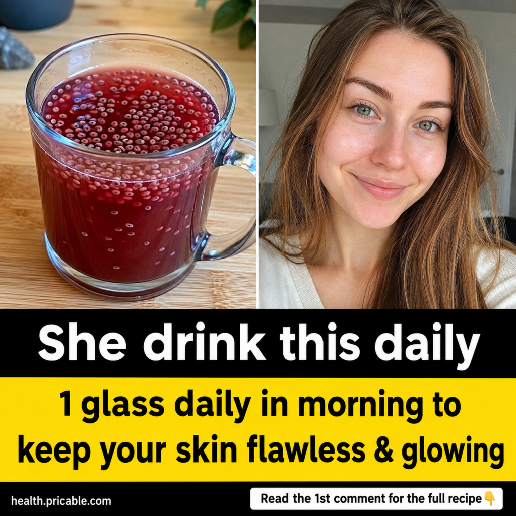 A clear glass mug containing a deep red beverage with suspended small light-colored seeds next to a smiling woman with c