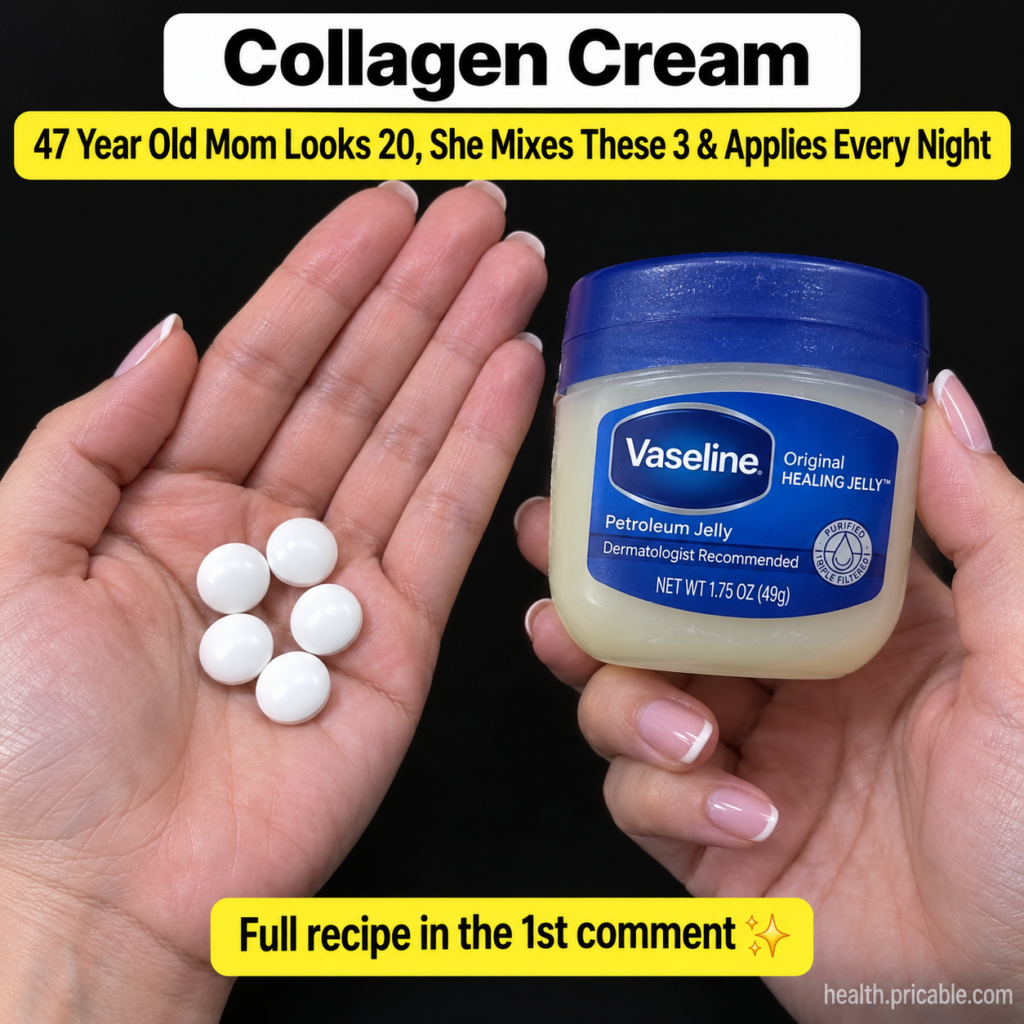 Hands holding a jar of Vaseline and a few white beauty supplement pills against a dark background