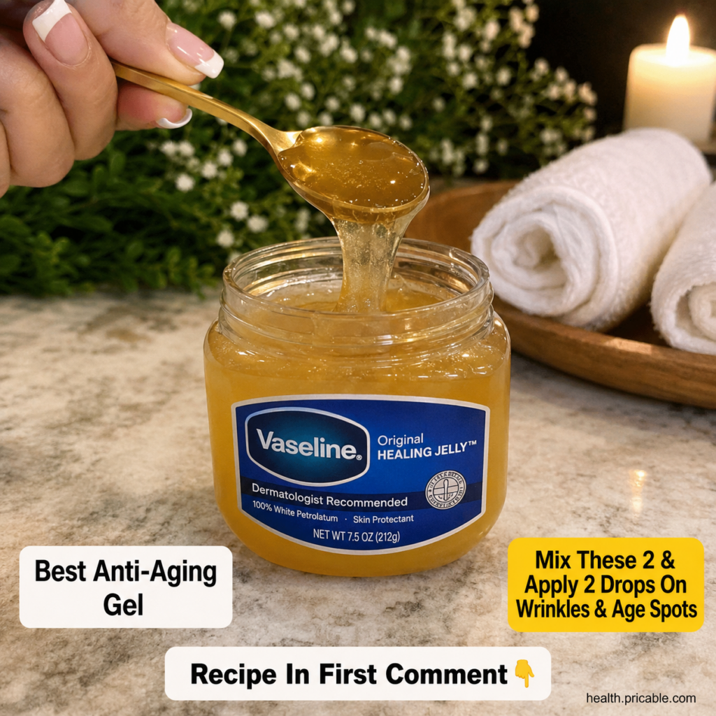 A hand holding a golden spoon drizzling a viscous golden-yellow gel into an open jar of Vaseline Original Healing Jelly 