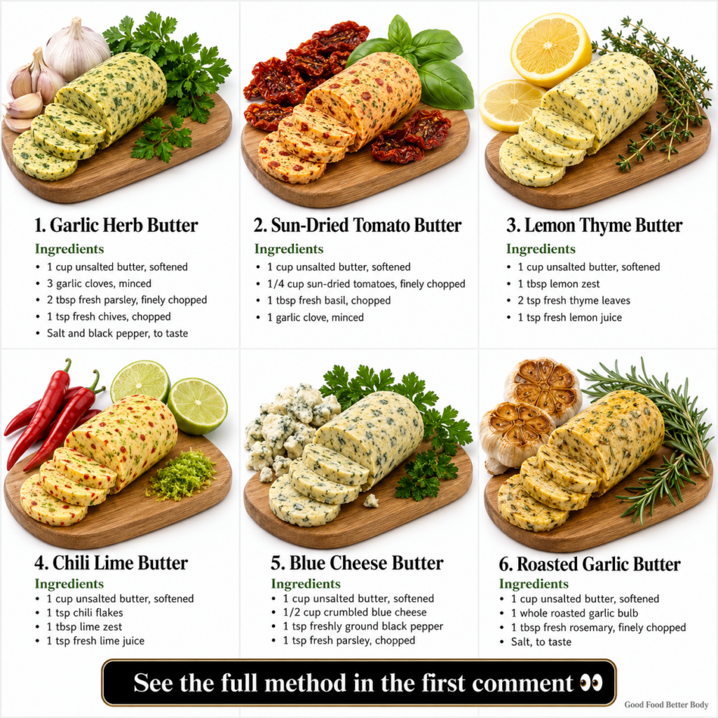 A log of classic garlic herb compound butter sliced to show specks of green parsley and chives next to fresh garlic clov