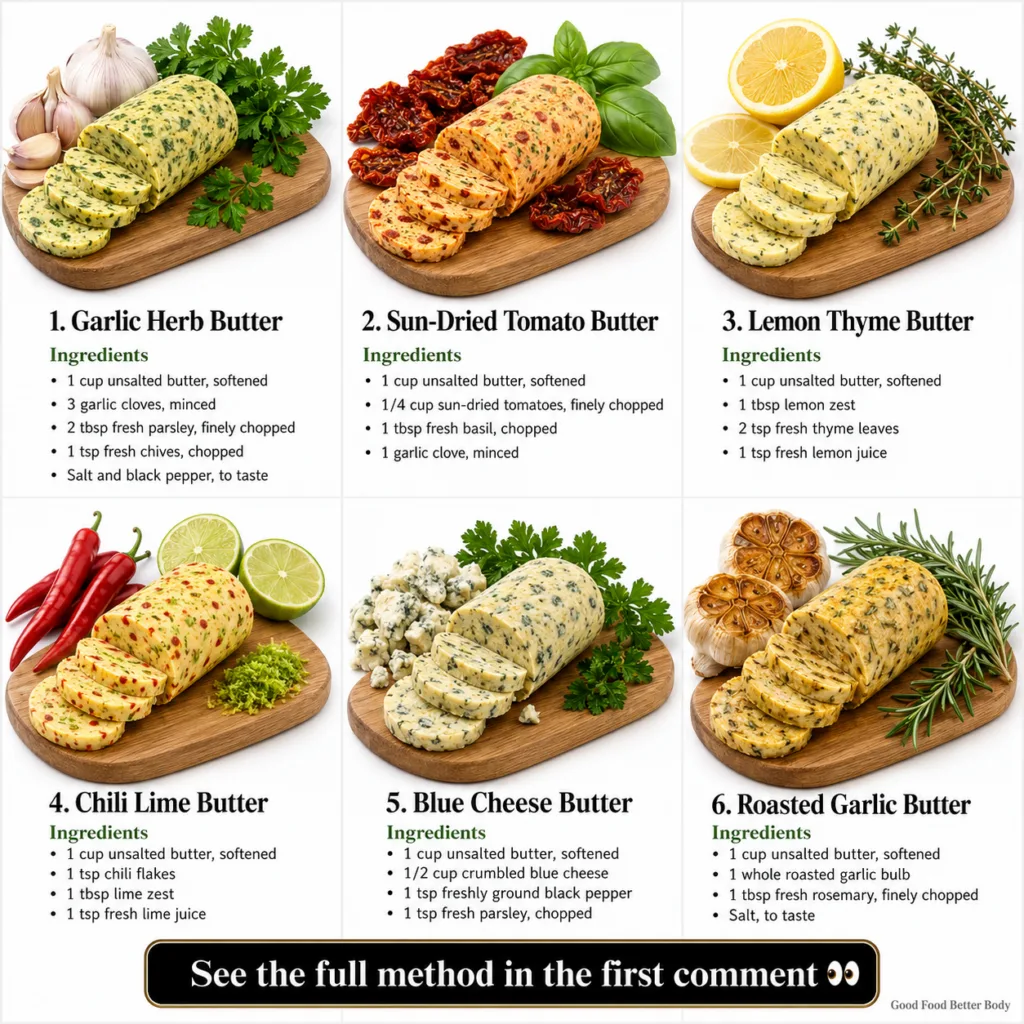 A log of classic garlic herb compound butter sliced to show specks of green parsley and chives next to fresh garlic clov