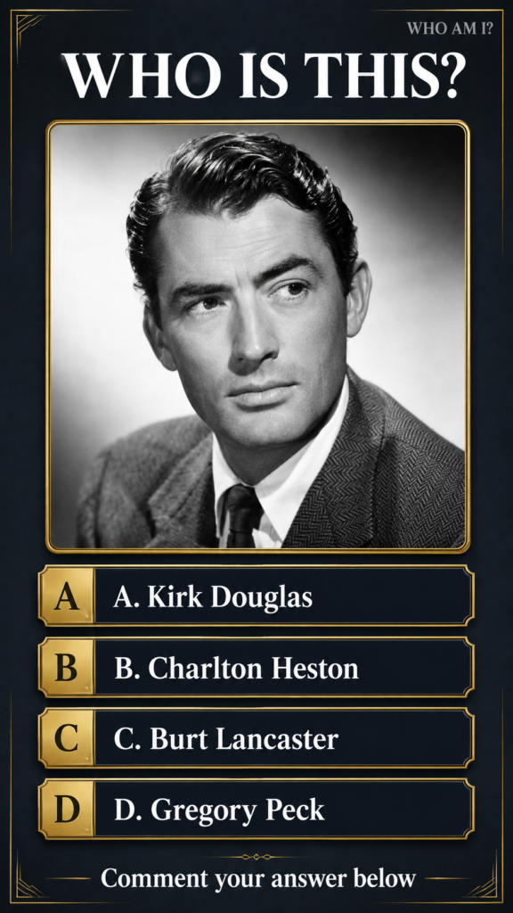 A black and white portrait of actor Gregory Peck centrally placed within a decorative gold frame as part of a classic Ho