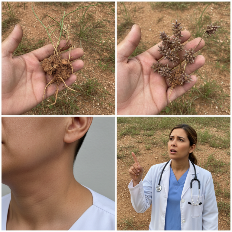 A 2x2 collage showing a hand holding a green plant with roots another hand with dried seed heads a close-up of a human n