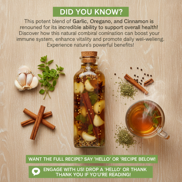 A flat lay of garlic cloves fresh oregano cinnamon sticks peppercorns and a corked glass bottle containing an infusion o